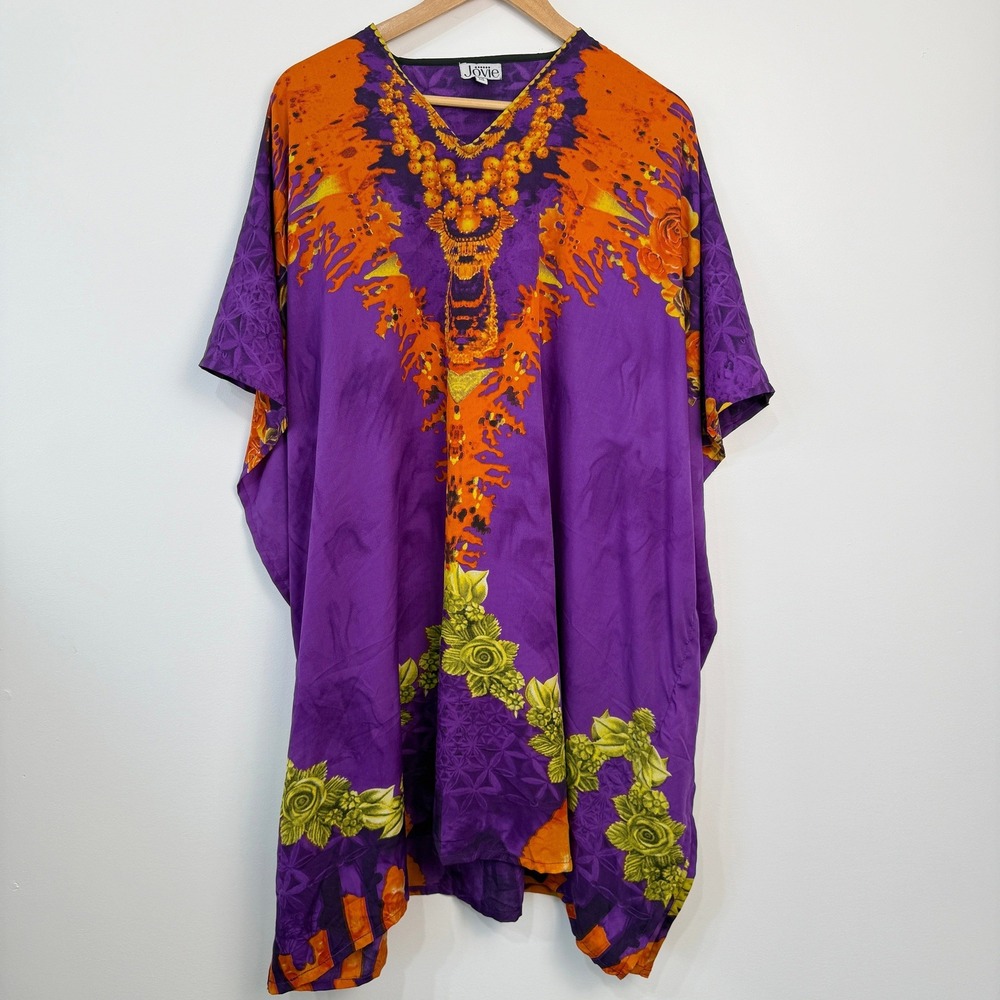 Jovie Kaftan Dress Womens One‎ Size Purple Orange Floral V Neck Pockets Resort